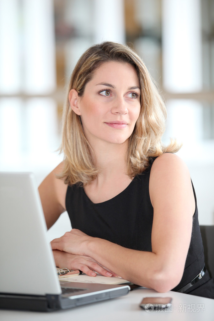在便携式计算机上工作的美丽女强人