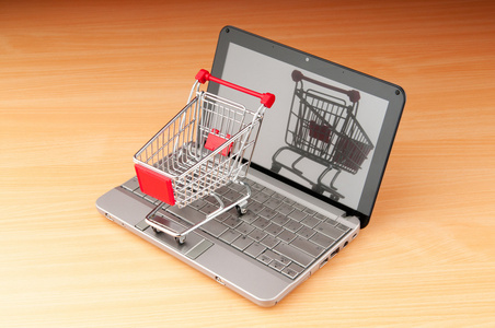 互联网在线购物概念与计算机和购物车