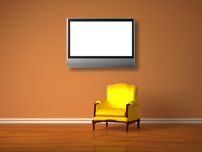 单独豪华椅子与液晶电视的极简主义室内