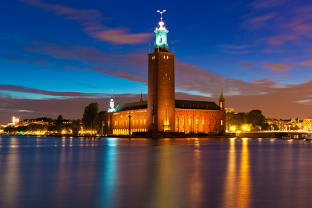 在瑞典斯德哥尔摩市政厅的夜景