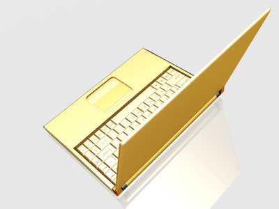 在白色背景上的 3d 黄金笔记本电脑