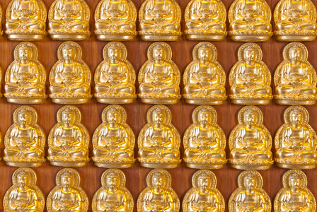数以百计的金黄 budhha 雕像背景