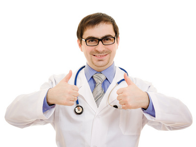 医生用听诊器和眼镜的姿态在白色背景上显示好