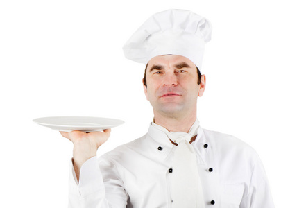厨师持空板隔离在白色背景