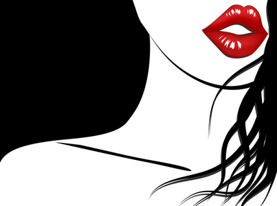 时尚背景的红色嘴唇和长头发的女人