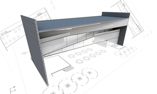 现代建筑的 3d 插图孤立的建设理念