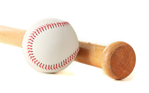 棒球球和孤立在白色的蝙蝠