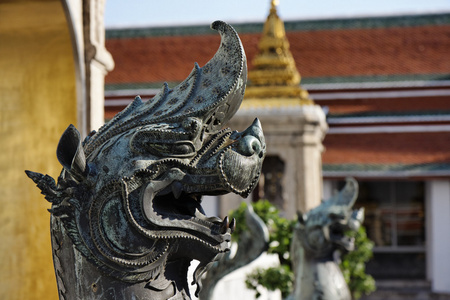 泰国，曼谷，pranon 佛寺，铺设佛寺，石头龙雕像