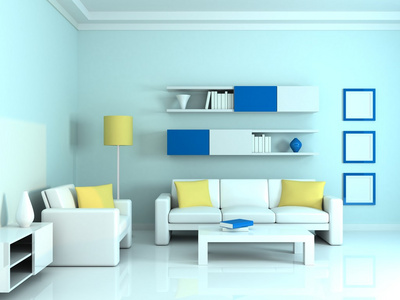 内部的现代房 蓝色墙和两个白色沙发