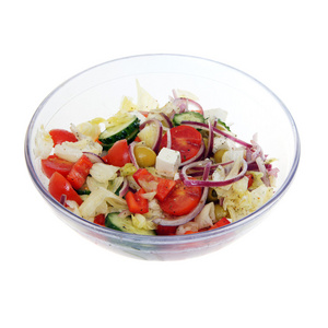 在透明的洁具 孤立在白色的新鲜蔬菜沙拉