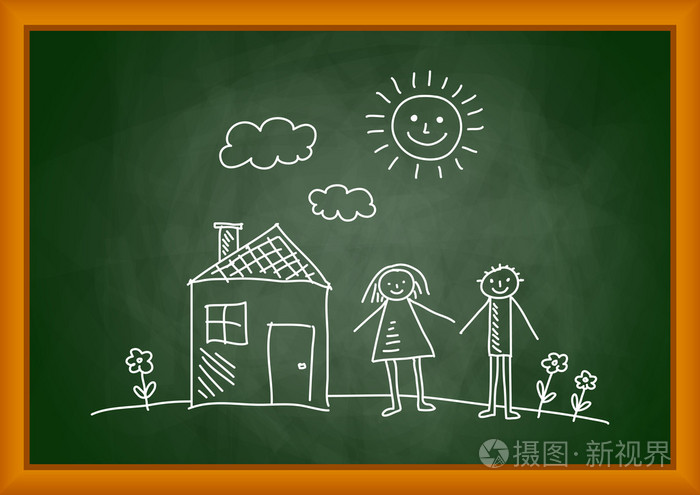 黑板上画的房子和儿童