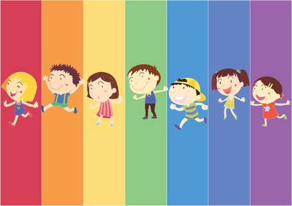 彩虹背景上的孩子的插图