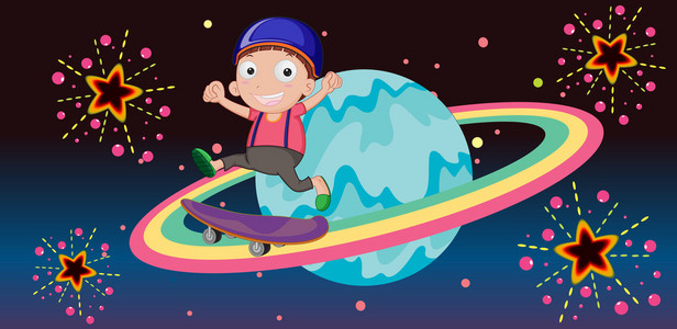 彩虹星球卡通背景在一个星球上的男孩照片