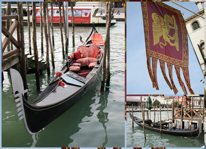 威尼斯贡多拉小船和船旗图片