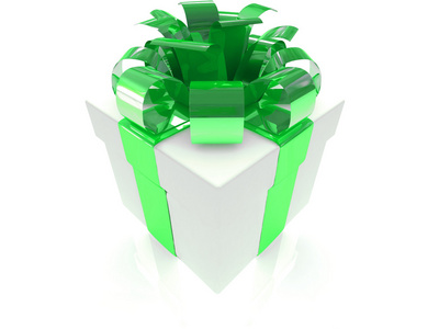 与绿丝带和孤立的弓的一个白色礼品盒。