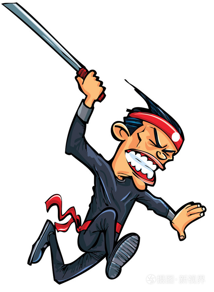 卡通东方男子用剑攻击