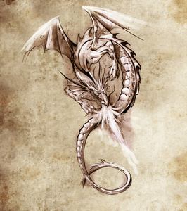幻想龙。草绘的纹身艺术，中世纪的怪物