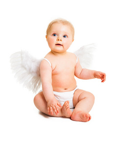 可爱婴儿天使的翅膀上白色隔离