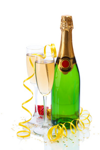 眼镜和瓶香槟 礼品和孤立在一张白纸的蛇纹石