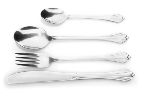 银叉子和勺子，孤立在白色的刀