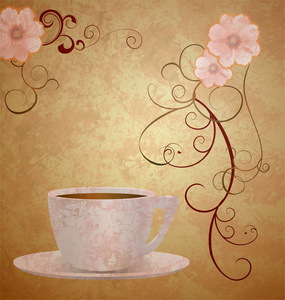粉色的花和棕色 grunge 纸张背景上的咖啡杯
