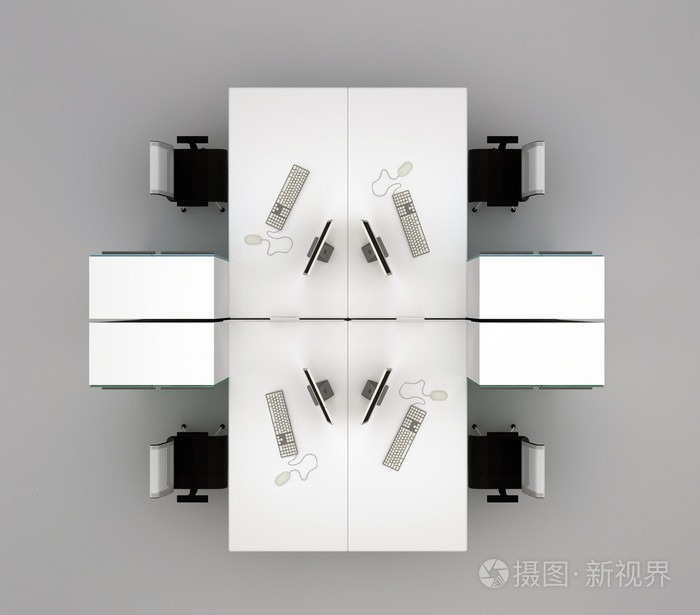 系统办公书桌.孤立的灰色背景.顶视图