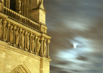 月亮与巴黎圣母院大教堂在夜里详细