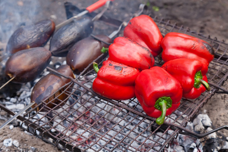 红烤的辣椒和茄子上烧烤