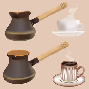 咖啡壶和杯子设置隔离米色背景上的矢量