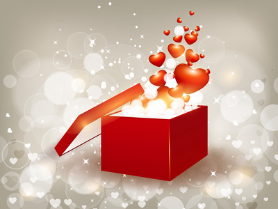 用闪亮的心形状打开 3d 红色礼品盒