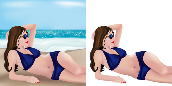 蓝色比基尼女孩躺在海滩上