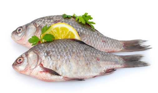 新鲜鱼类与柠檬和欧芹在白色隔离