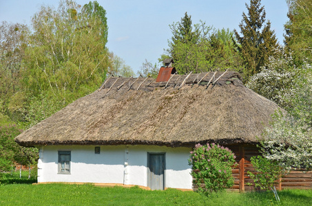 古代用稻草屋顶的小屋