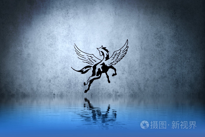 水中倒影的纹身马在蓝光的插画设计