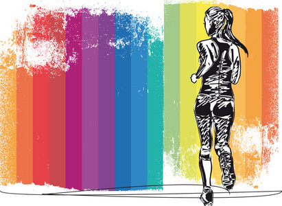 女子马拉松赛跑者的剪影。矢量插画