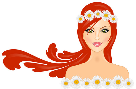 矢量插图的红头发和雏菊的女人上他的皇冠