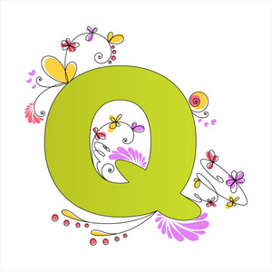 色彩鲜艳的花卉字母表。字母 q