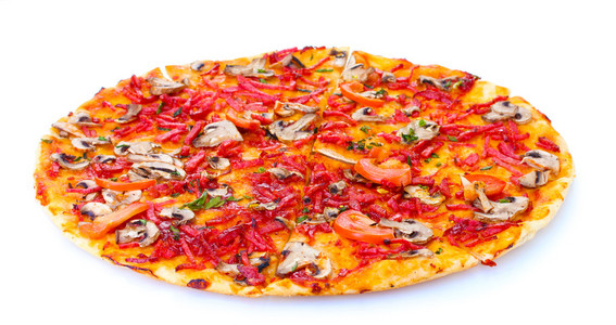 与蔬菜和孤立在白色的腊肠美味披萨