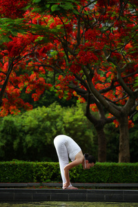 一个年轻的女人在做瑜伽运动户外