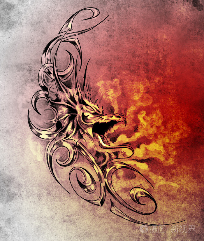 草绘的装饰中世纪龙纹身艺术
