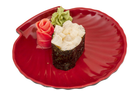 香料寿司扇贝用酱汁扇贝隔离对 whi 的切片