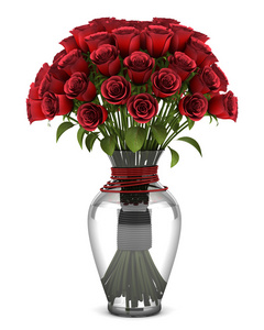 孤立在白色背景上的花瓶里的红玫瑰花束