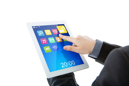 商务男人多彩应用程序中使用 tablet pc 计算机