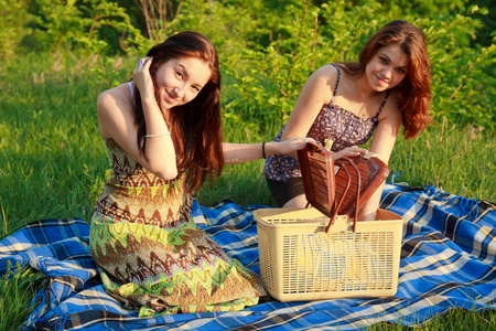 两个美丽的女孩，在一次野餐