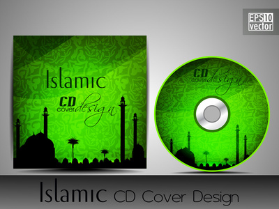 伊斯兰 cd 封面设计与清真寺或清真寺前绿颜色和花纹的身影。eps 10。矢量插画