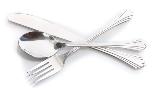 银叉子和勺子，孤立在白色的刀