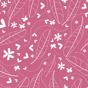 装饰的鲜花和粉红色背景无缝上的羽毛图案
