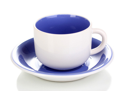 白色蓝色咖啡杯和碟白色上孤立