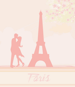 在巴黎埃菲尔铁塔复古卡附近亲吻浪漫情侣