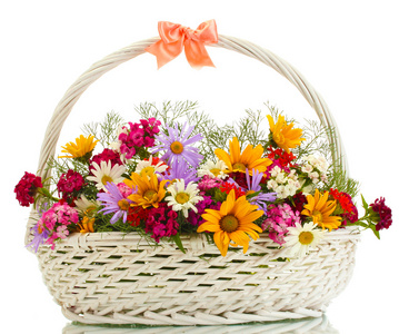 束美丽的明亮的野花在篮子里上白色, 隔离